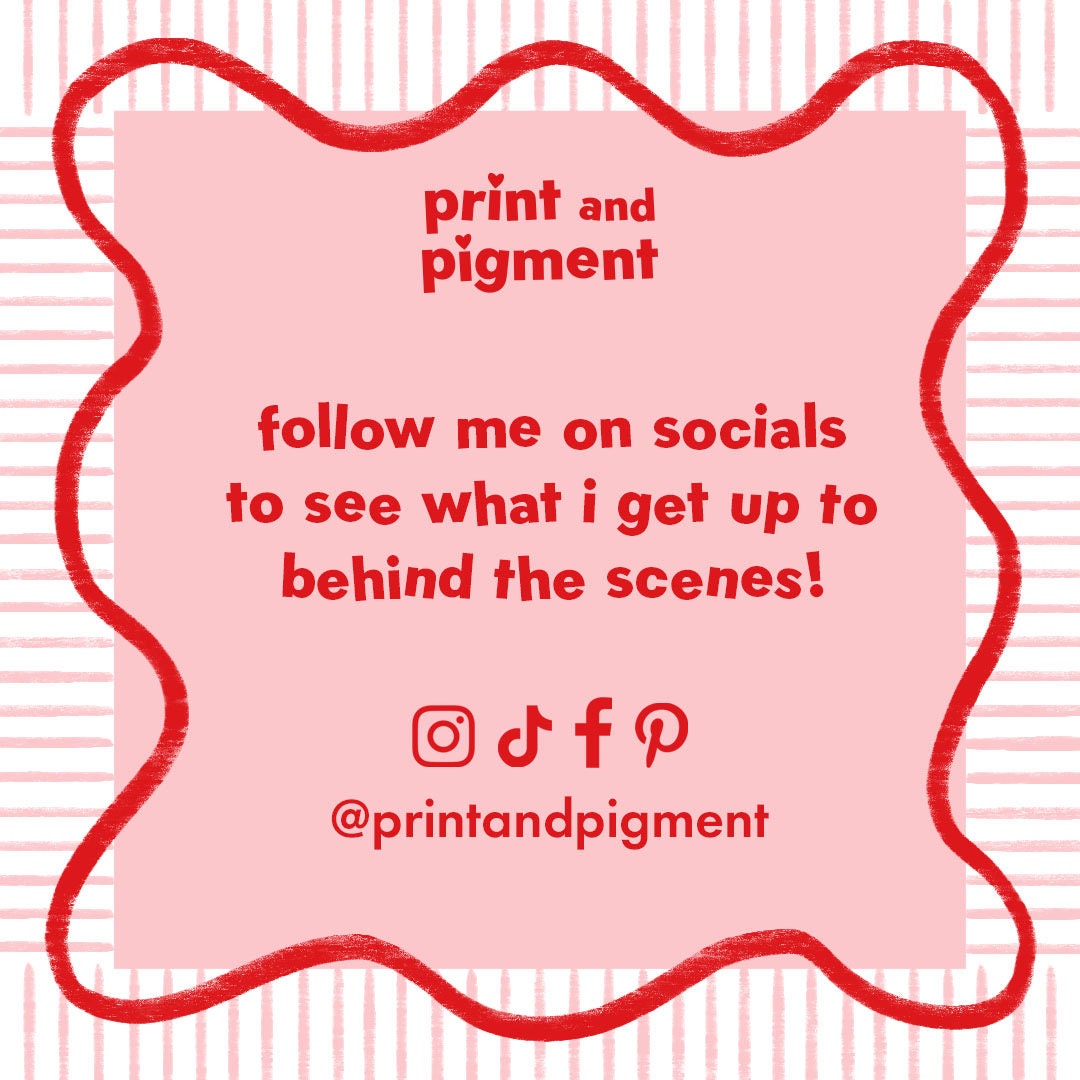 Call to action for social media follow with red text on a pink background