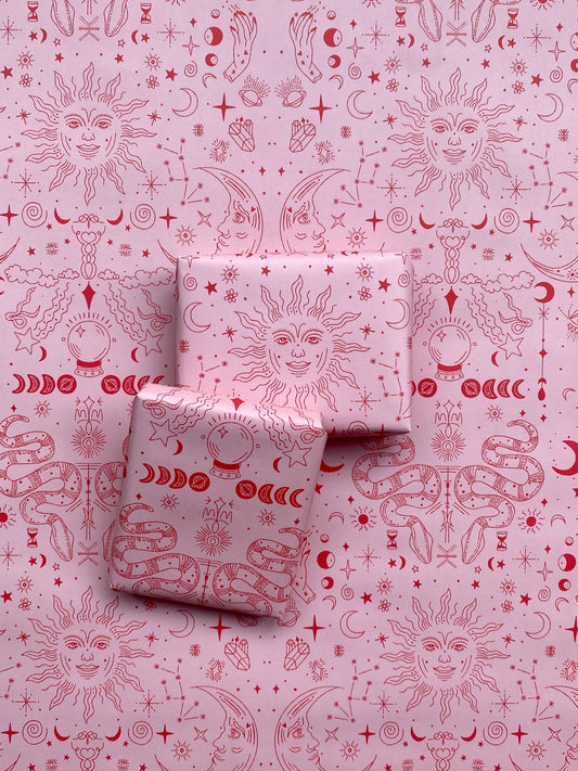 Sun and Moon Celestial Pink and Red A2 Wrapping Paper Sheet